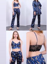 Satijn 3 -Delige Dames Pyjama Set Met Luipaard Design Donkerblauw/ Kimono Ochtendjas Maat S