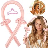Haar kruller zonder hitte - Heatless Haarkruller Satijn - 100% silk hair curler - heatless curling ribbon - met scrunchies en haarclip-roze