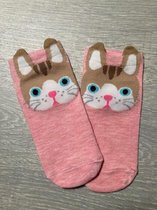 Leuke dieren enkelsokken Catroon style sokken - Roze met bruin - Unisex Maat 35-39