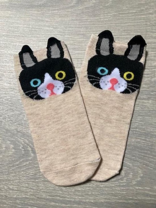 Leuke dieren enkelsokken Catroon style sokken - Beige met zwart - Unisex Maat 35-39