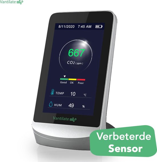 VANTILATE CO2 Meter Binnen - CO2 Meter Horeca Met Alarm - CO2 Melder NDIR Sensor - Luchtkwaliteitsmeters Monitor - Temperatuurmeter