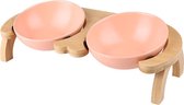 Drink- en voerbak voor kat - keramische bakjes in houten standaard - peach - roze- 300 ml - design - trend - dinerset - hout - voerbak - drinkbak - verhoogde standaard - ergonomisc