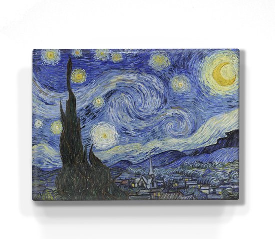 La nuit étoilée - Vincent van Gogh - 26 x 19,5 cm - Indiscernable d'une véritable peinture sur bois à afficher ou à accrocher - Impression laque.