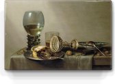 Schilderij - stilleven met koek, wijn, bier en noten - Willem Claesz Heda - 30 x 19,5 - Niet van echt te onderscheiden handgelakt schilderijtje op hout - Mooier dan een print op canvas.