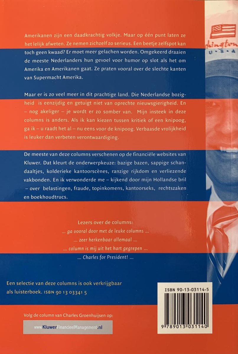 Achterkant van een boek met tekst over "Amerikaanse Zaken" door Charles Groenhuijsen.
