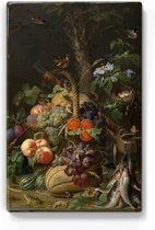 Schilderij - Stilleven met fruit, vis en een nest - Abraham Mignon - 19,5 x 30 cm - Niet van echt te onderscheiden handgelakt schilderijtje op hout - Mooier dan een print op canvas.