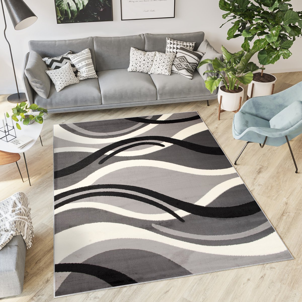 Tapiso Dream Vloerkleed Grijs Zwart Wit Golven Woonkamer Tapijt Maat- 160x220