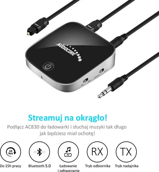 Zwarte Audiocore Bluetooth 2-in-1 adapter met indicatie voor 15 uur gebruik, Bluetooth 5.0.