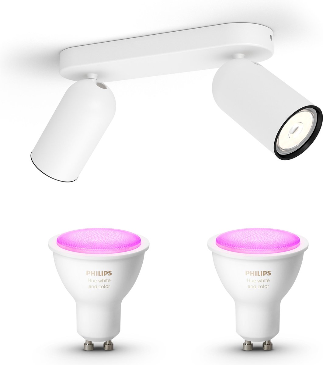 Philips myLiving Pongee Opbouwspot White & Color Ambiance GU10 - 2 Hue Lampen - Wit en Gekleurd Licht - Dimbare Plafondspots - Wit
