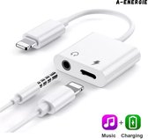 A-Energie™ - Splitter iPhone - Lightening Adapter - 2 in 1 audio lightening - Apple Splitter Audio Jack Microfoon - Audio en Opladen - Audio en Lightening 3,5 mm - wit