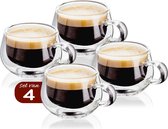 Dubbelwandige koffieglazen met oor - Premium set van 4 x 150 ml - Dubbelwandige Theeglazen - Glazen voor thee, koffie en cappuccino