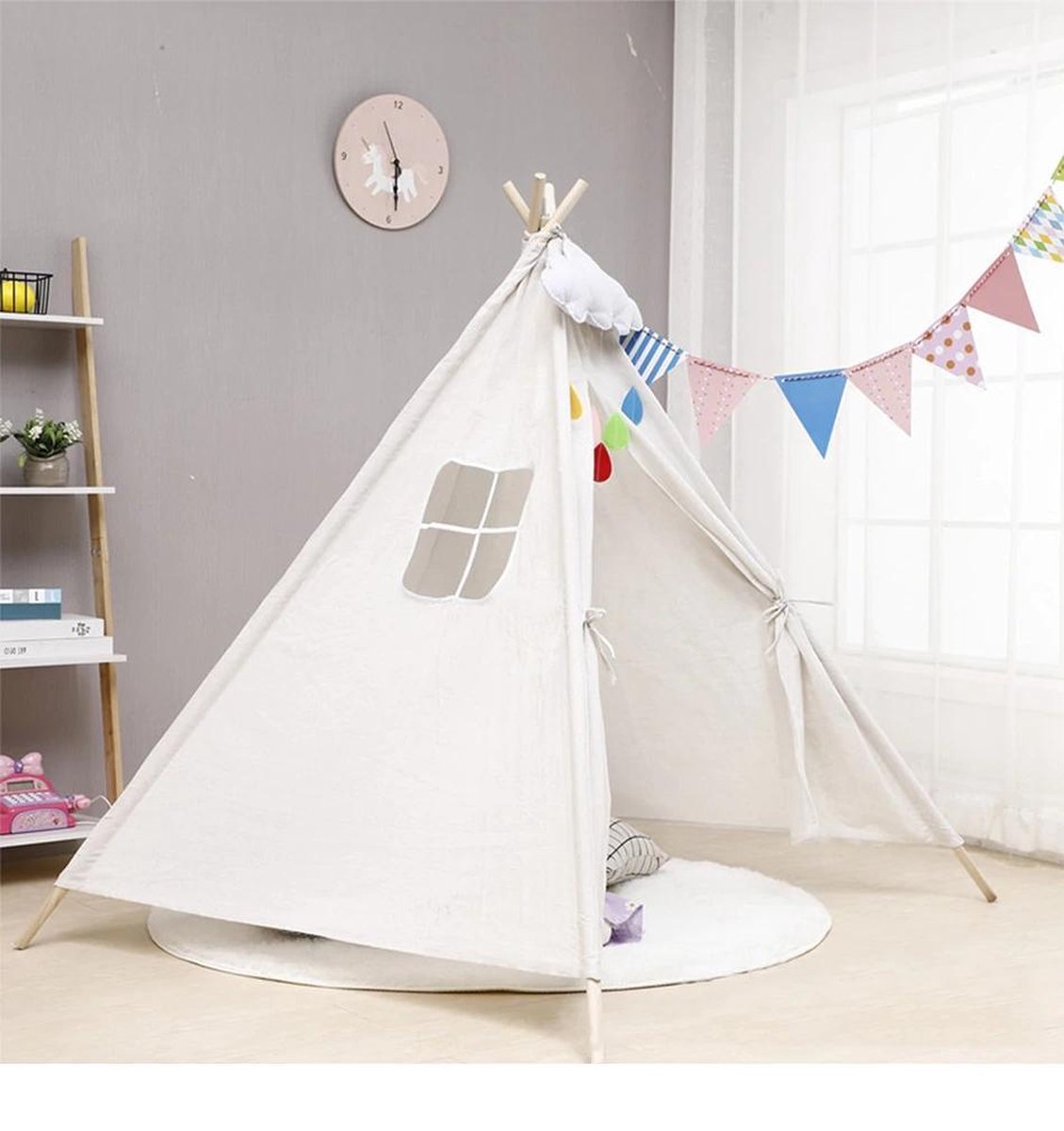 Tipi Tent Kinderen - Beige - 135 cm - Wigwam Speeltent - Opvouwbaar en Draagbaar - Kinderkamer Decoratie - Vida Jardín