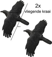 2x vliegende kraaien - duivenverschrikker - Halloween decoratie - vliegende geflockte nep kraai van ProLoo - vleugelbreedte 80cm - 44x80cm - vogelverjager