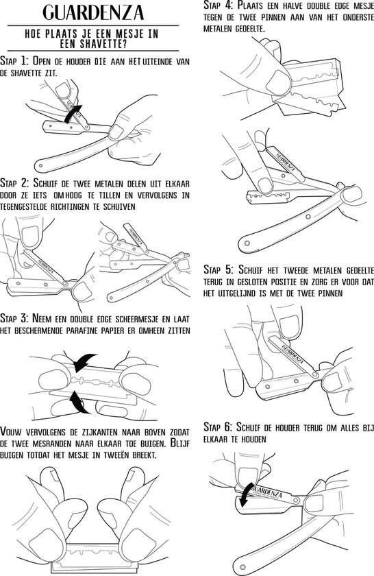 Instructies voor het plaatsen van een mesje in een shavette. Stappen 1-6 met tekeningen.