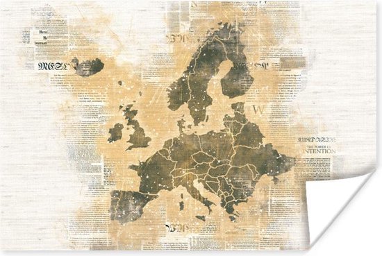 Europakaart met zandkleurige verf op krantenpapier 30x20 cm - klein - Foto print op Poster (wanddecoratie woonkamer / slaapkamer)