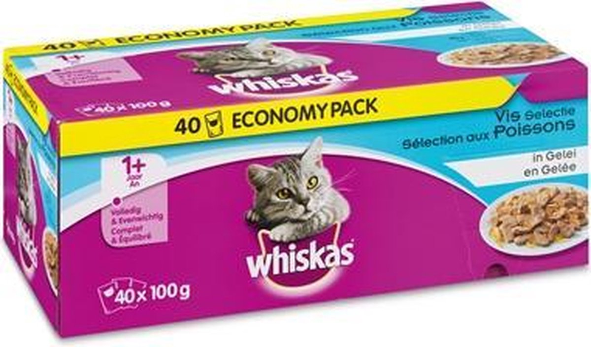 Whiskas 1+ Adult Voordeelpak Maaltijdzakjes Vis in Gelei Kattenvoer 40 x 100 g