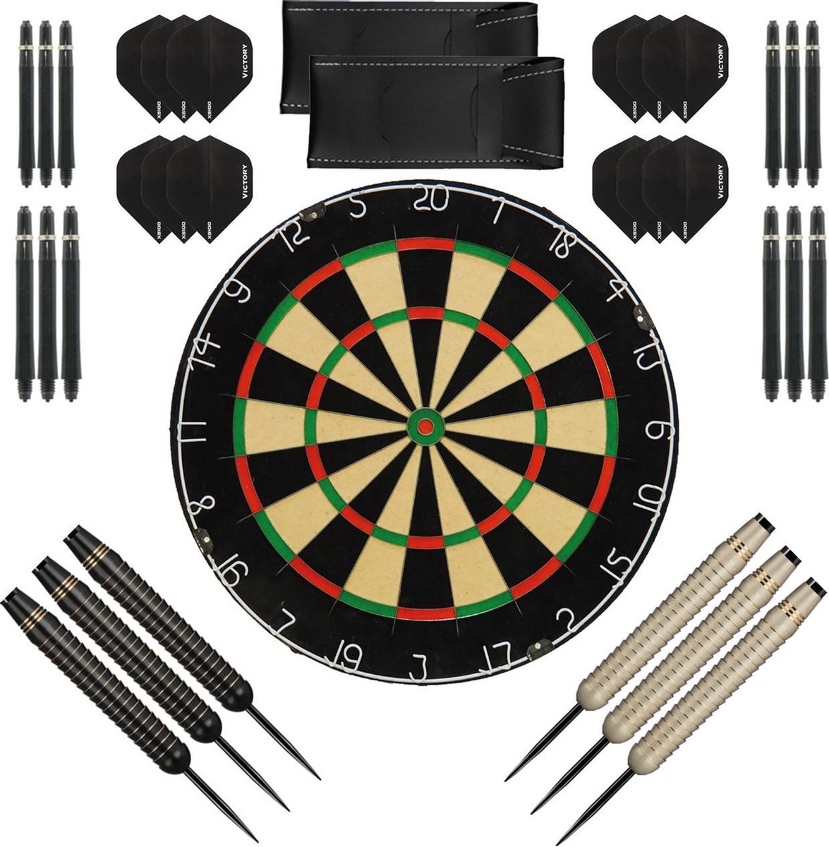 Darts Set complete Shark dartset - Plain Dartbord - dart shafts - dart flights - dartpijlen 24 gram - 100% brass - 2 sets - dartpijlen - zwart-wit