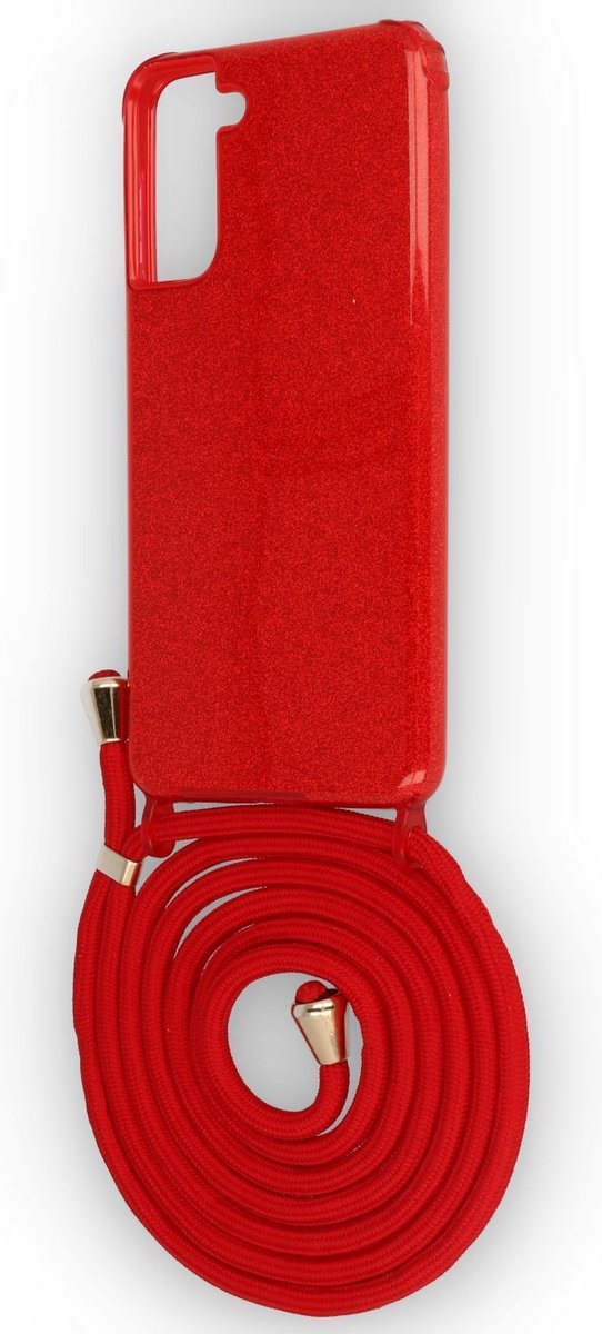 HB Hoesje Geschikt voor Samsung Galaxy S21 Plus - Rood - Glitter Back Cover met Koord
