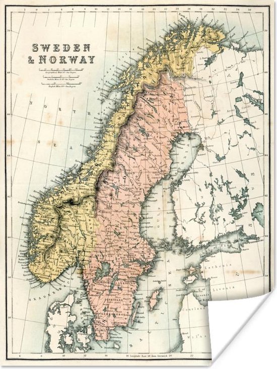 Poster Antieke kaart van Zweden en Noorwegen - 30x40 cm