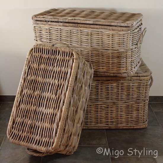 Panier de rangement-Avec couvercle-62x37xH38-Cane-Rotin-Cadre en fer-Gris