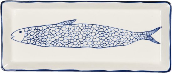 Wit rechthoekig serveerschaaltje met blauwe visprint en blauwe rand.