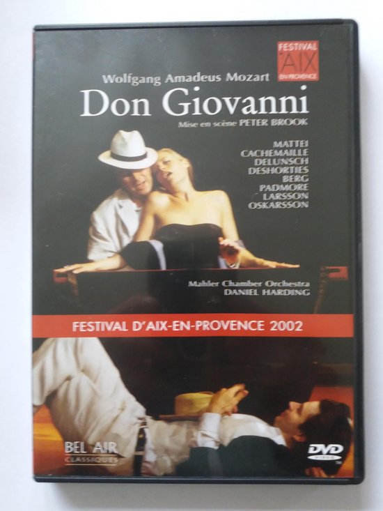 DVD hoes van 'Don Giovanni' van Wolfgang Amadeus Mozart, met een afbeelding van een koppel en een man in een wit overhemd, Festival d'Aix-en-Provence 2002.