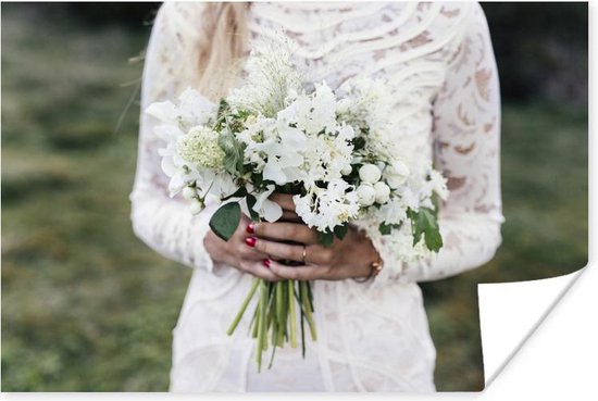 echtgenoot Hoorzitting hoofdstuk Bruid in witte kanten jurk houdt wit boeket vast 180x120 cm XXL / Groot  formaat! -... | bol.com