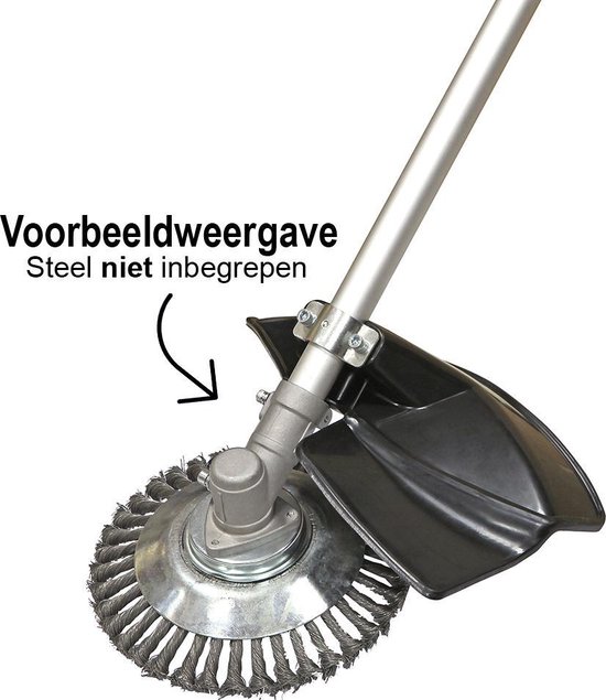 Onkruidborstel gemonteerd op bosmaaier, beschermkap inbegrepen, steel niet inbegrepen.