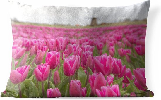 Buitenkussens - Tuin - Roze tulpen en windmolen - 50x30 cm