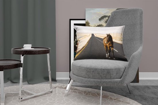 Sierkussen Paarden pour l'intérieur - Cheval solitaire sur une route - 60x40 cm - Coussin intérieur rectangulaire en coton