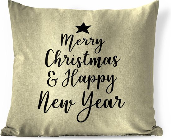Sierkussens - Kussen - Kerst quote Merry Christmas & Happy New Year op een gele achtergrond - 60x60 cm - Kussen van katoen
