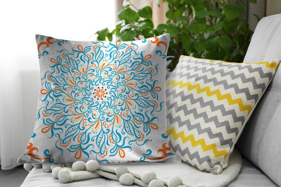 Coussins Coussins décoratifs - Coussin - Motif carré avec un mandala bleu et décoré sur fond clair - 60x60 cm - Coussin en coton