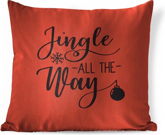 Sierkussens - Kussen - Kerst quote Jingle all the way tegen een rode achtergrond - 50x50 cm - Kussen van katoen