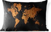 Buitenkussens - Tuin - Bruine wereldkaart met gouden lijnen op een zwarte achtergrond - 50x30 cm