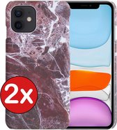 Hoes voor iPhone 11 Hoesje Marmer Hardcover Fashion Case Hoes - Hoes voor iPhone 11 Marmer Hoesje Hardcase Back Cover - Rood x Wit - 2 PACK