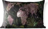 Buitenkussens - Tuin - Paarse wereldkaart met marmerpatroon in ovalen 3D vorm met tropische bladeren - 60x40 cm