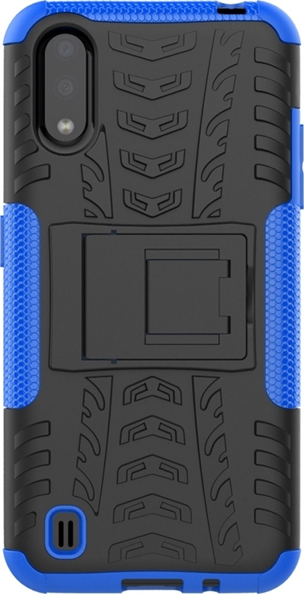 Mobigear Hoesje geschikt voor Samsung Galaxy A01 Telefoonhoesje Hardcase | Mobigear Tire Backcover Shockproof met Standaard | Schokbestendig Galaxy A01 Telefoonhoesje | Anti Shock Proof - Zwart / Blauw