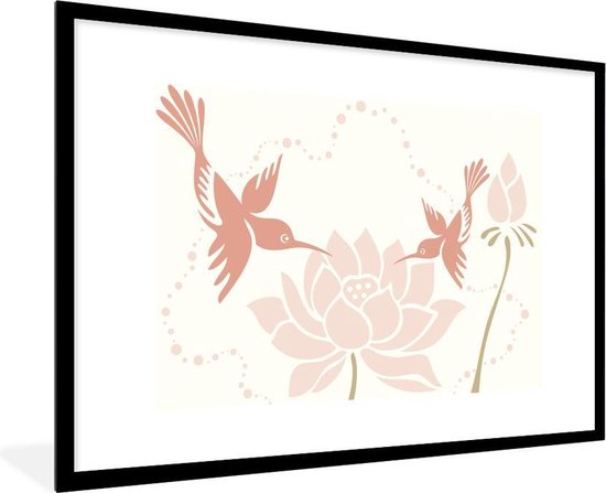 Poster met lijst Minimalistische illustraties roze – Illustratie van een lotusbloem met vogels – fotolijst zwart – 90×60 cm – Poster met lijst