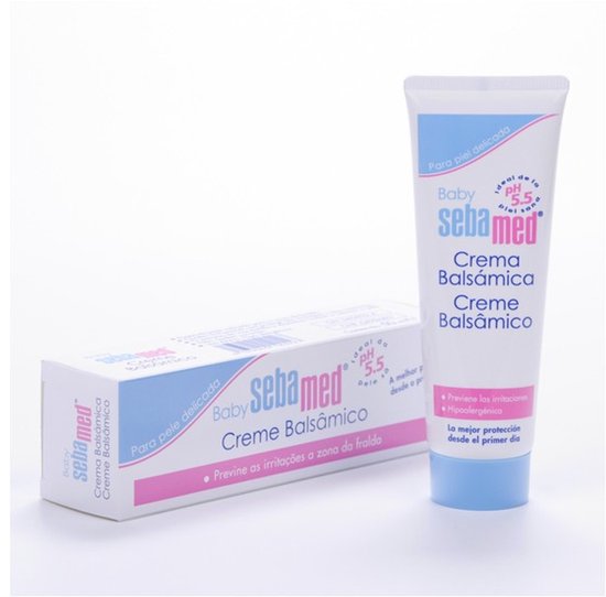 Sebamed Baby Balsem Crème tube en doosje met blauwe en roze accenten, pH 5.5.