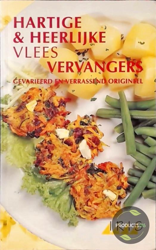 Boek 'Hartige & Heerlijke Vleesvervangers' met aardappelen, groentekoekjes en sperziebonen.