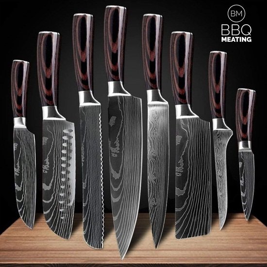 BBQ MEATING 8 Delige Professionele Messen set – Koksmessen - Japanse messen – Koksmes – 8 Delige set in BBQ meating Gift box - Cadeau