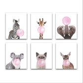 Schilderij  Set 6 Zebra Giraf Koala Olifant Hertje Poesje met Roze Kauwgom - Kinderkamer - Dieren Schilderij - Babykamer / Kinder Schilderij - Babyshower Cadeau - Muurdecoratie - 4