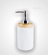 Zeeppompje - zeepdispenser - marmer - bamboe - wit - 18 cm