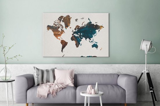 Wereldkaart en peinture bleu foncé et orange sur fond rose 180x120 cm