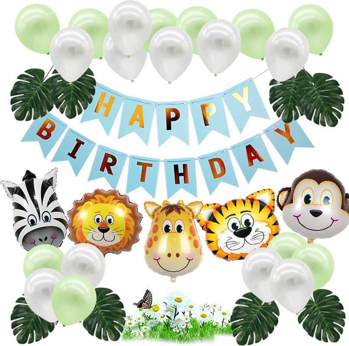 Jungle Decoratie Verjaardag Versiering pakket - Gratis verzending - Babydouche Safari Blauw Groen - met dieren ballonnen en happy birthday slinger Jongen - Babydouche