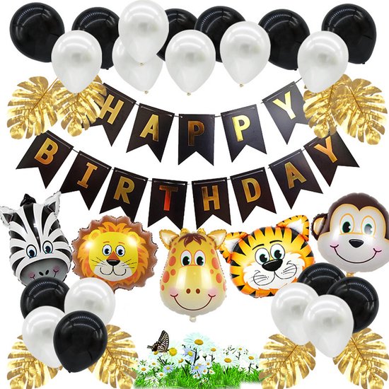 Jungle Decoratie Verjaardag Versiering pakket Babydouche - Safari Zwart Wit - dieren ballonnen en happy birthday slinger Jongen