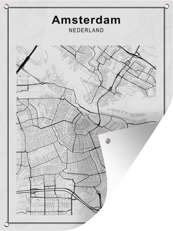 Tuin decoratie Stadskaart - Zwart Wit - Amsterdam - 30x40 cm - Plattegrond - Tuindoek - Buitenposter