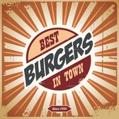 Tuinposter - Retro - Best Burgers In Town in  rood / zwart / wit / oranje - 80 x 80 cm.