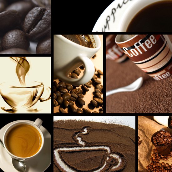 Tuinposter - Keuken / Voeding - Collage / Koffie in wit / bruin / beige / creme / zwart - 80 x 80 cm.