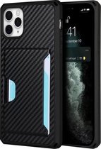 Carbon Fiber Armor Shockproof TPU + PC Hard Case met Card Slot Holder Funtion For iPhone 11 Pro Max (Black)